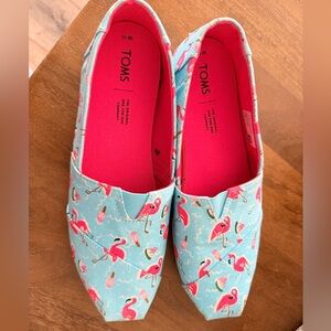 Toms Women's Aqua Canvas Slip-Ons with Pink Flamingo Print